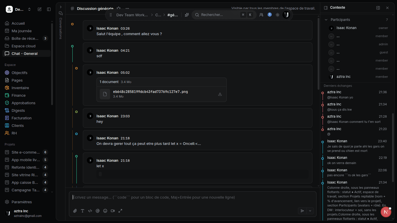 Discussion générale dans Utility, avec le panneau de contexte et le composeur de message