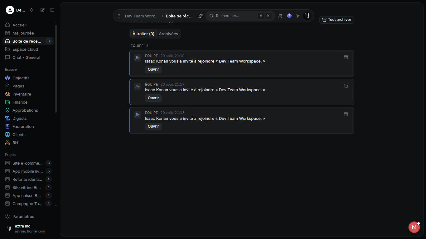 Boîte de réception des notifications d'Utility